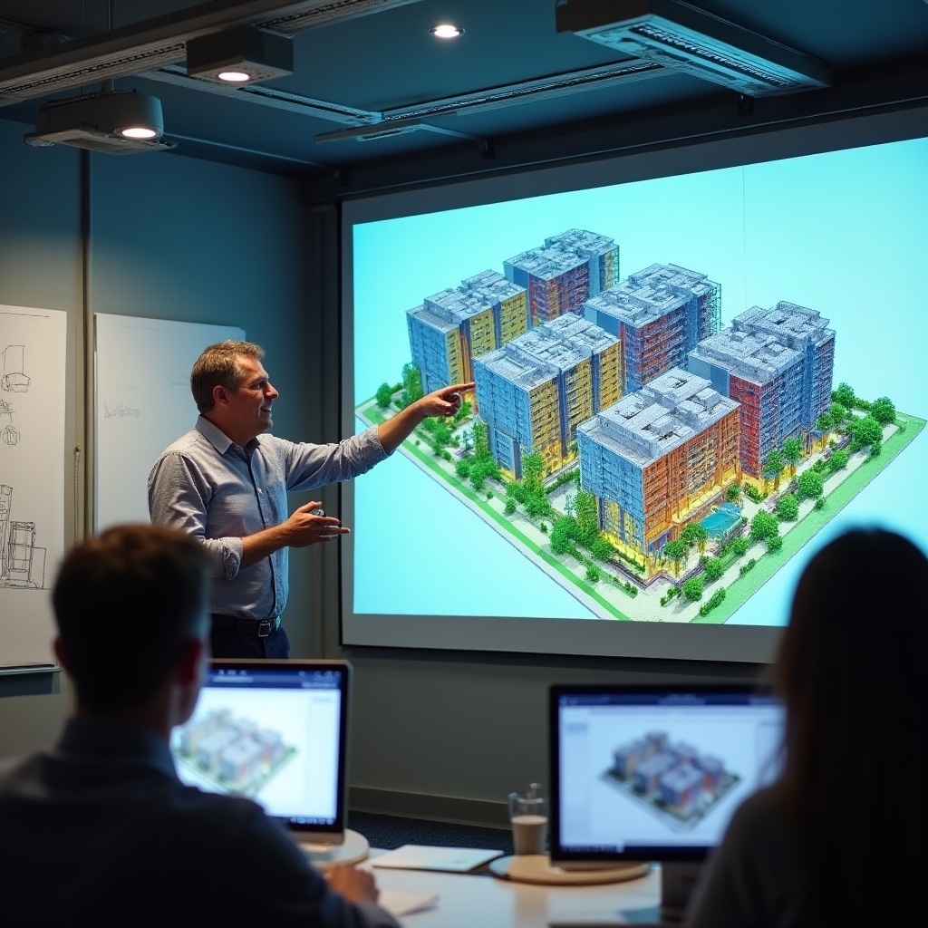 Instructor demonstrating 3D building information modeling software with detailed architectural visualization on screen