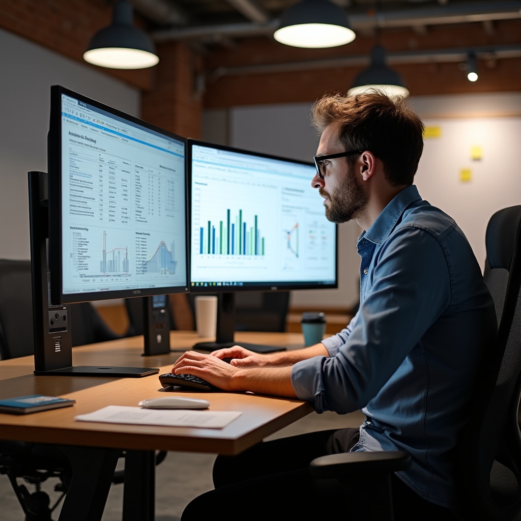 Construction professional analyzing detailed project metrics and completion calculations on computer screens