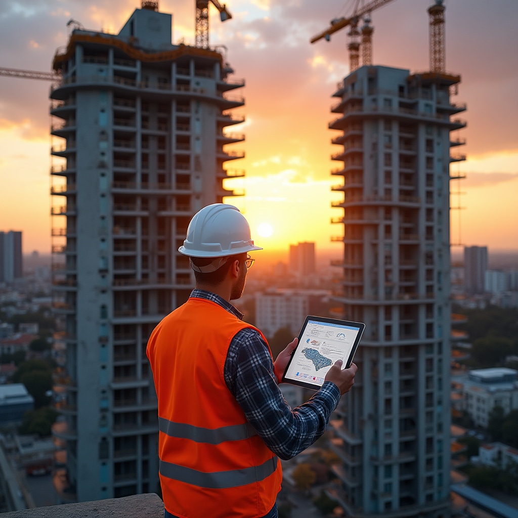 Modern construction site in Buenos Aires showing high-rise development with digital monitoring equipment