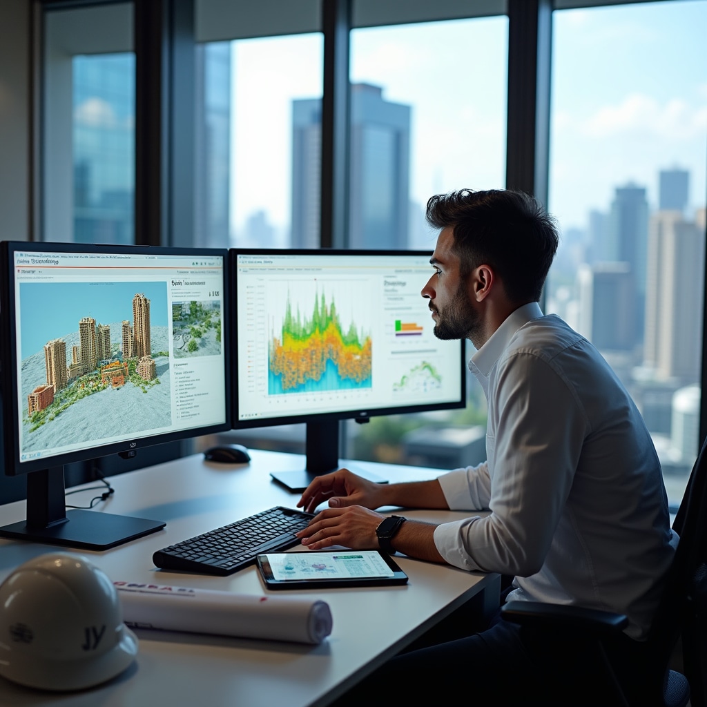 Professional analyzing construction project dashboard with 3D visualization on multiple screens