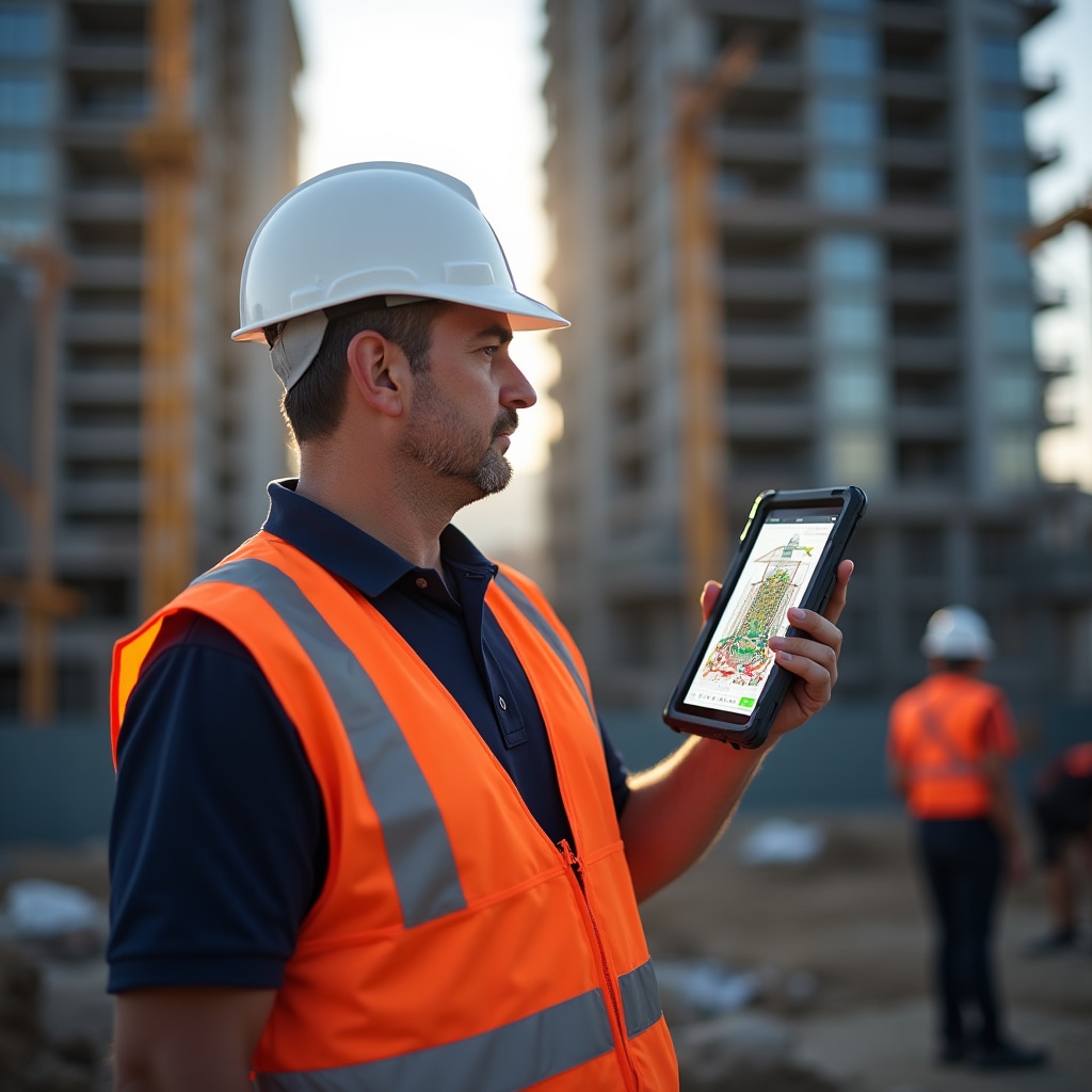 Construction project manager demonstrating digital monitoring tools and 3D visualization software on tablet at building site