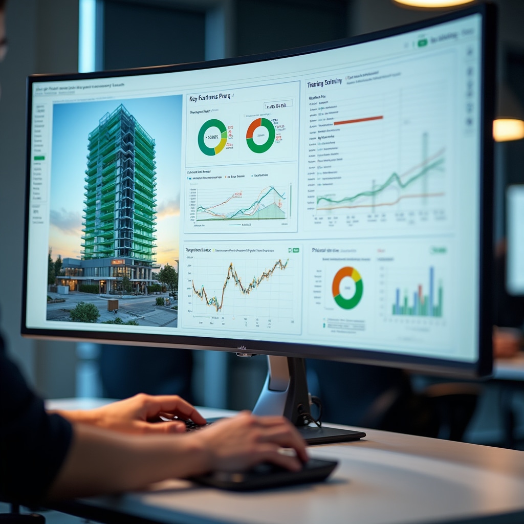 Construction dashboard displaying key metrics and progress indicators on large monitor in modern training facility