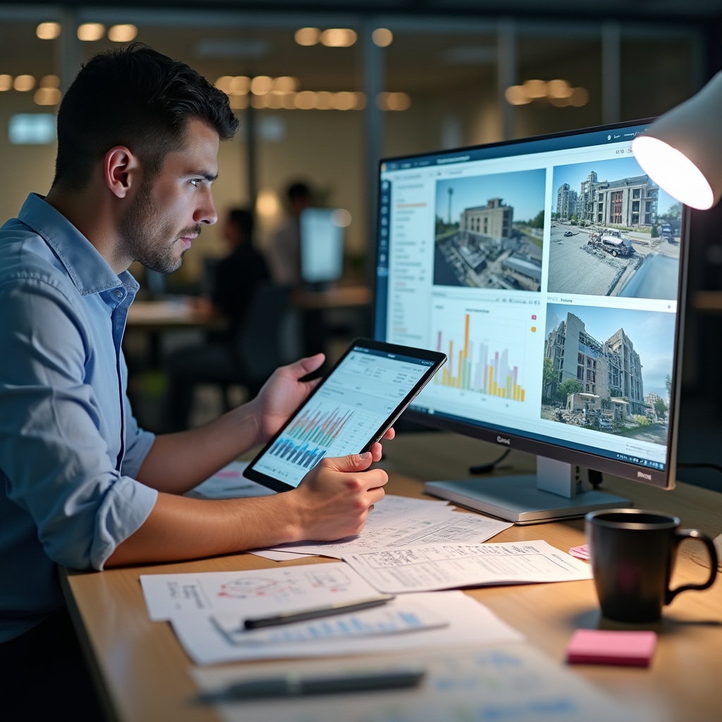 Professional comparing construction site photos with digital progress reports and documentation on tablet