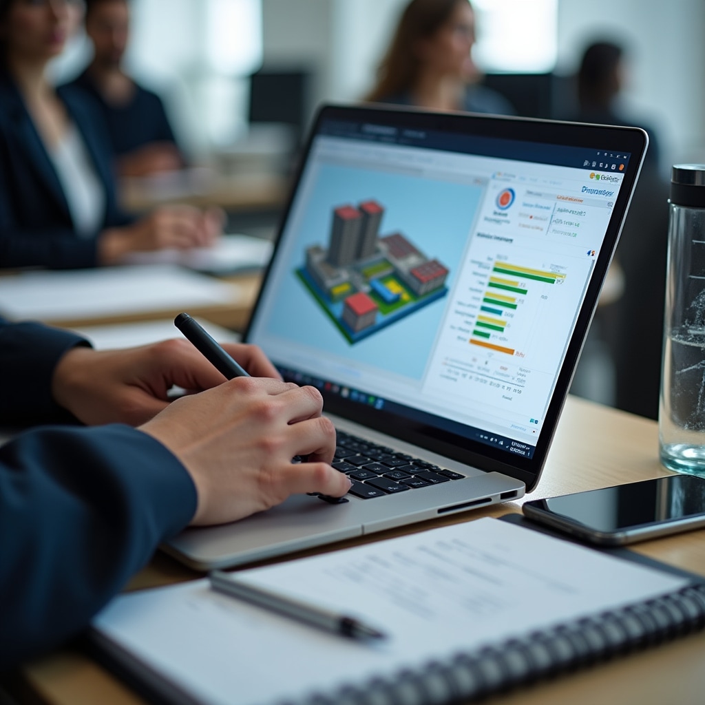 Training session showing hands-on practice with construction management software and 3D modeling tools