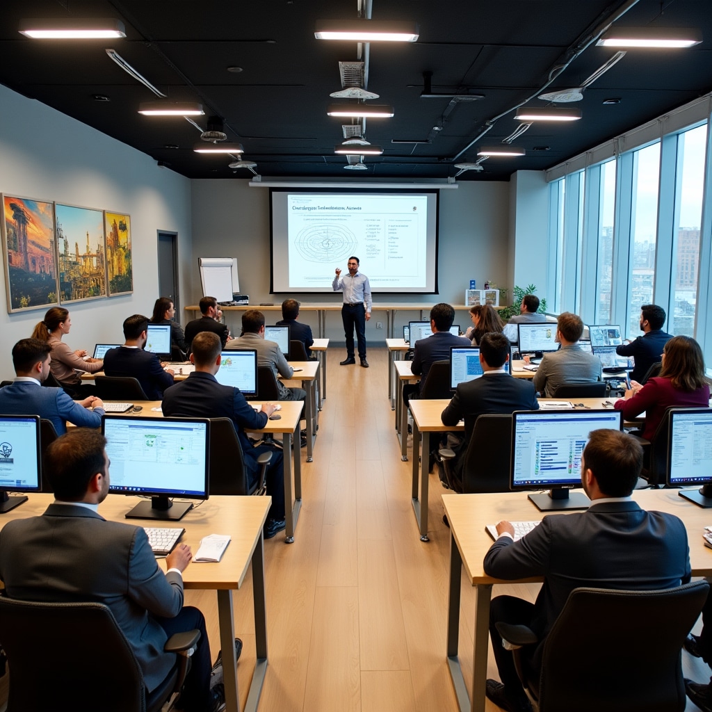 Modern training classroom with participants working on individual computers analyzing construction project data