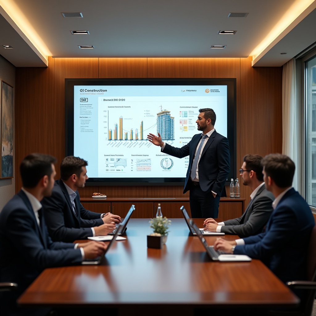 Developer presenting construction progress report to group of investors using interactive digital presentation