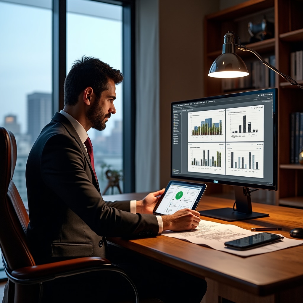 Real estate investor reviewing construction project progress reports and 3D models in modern office setting