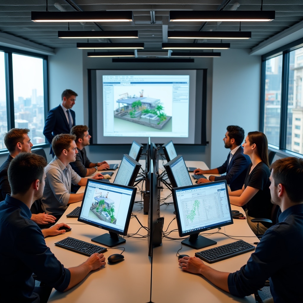Interactive training session with participants learning to interpret construction dashboards on individual workstations