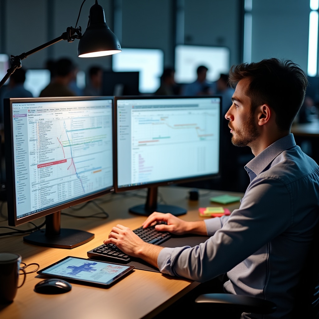 Project manager analyzing construction timeline and task dependencies on dual monitor workstation setup