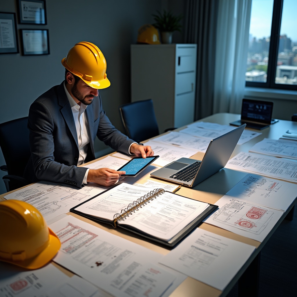Construction project manager reviewing regulatory compliance documents and building permits alongside digital project tracking reports