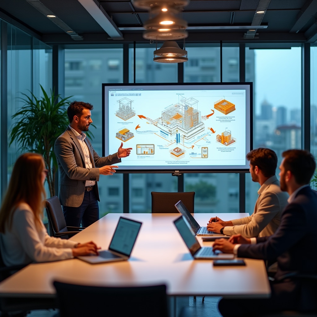 Diagram showing integration of construction technology systems including BIM, project management, and investor reporting platforms